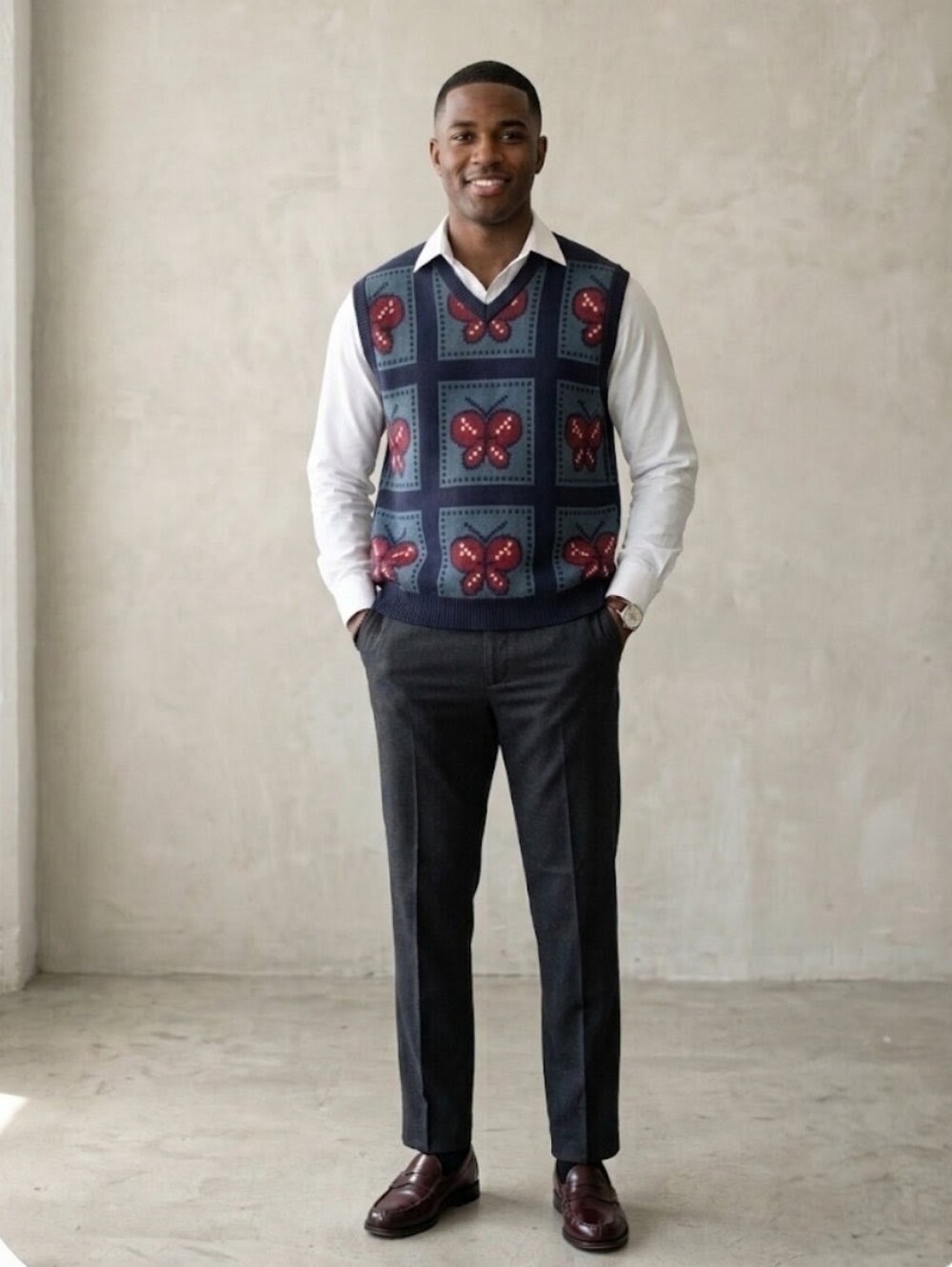 Awake NY Mens Butterfly Knit Ribbed Grandpacore Navy Blue Sweater Vest